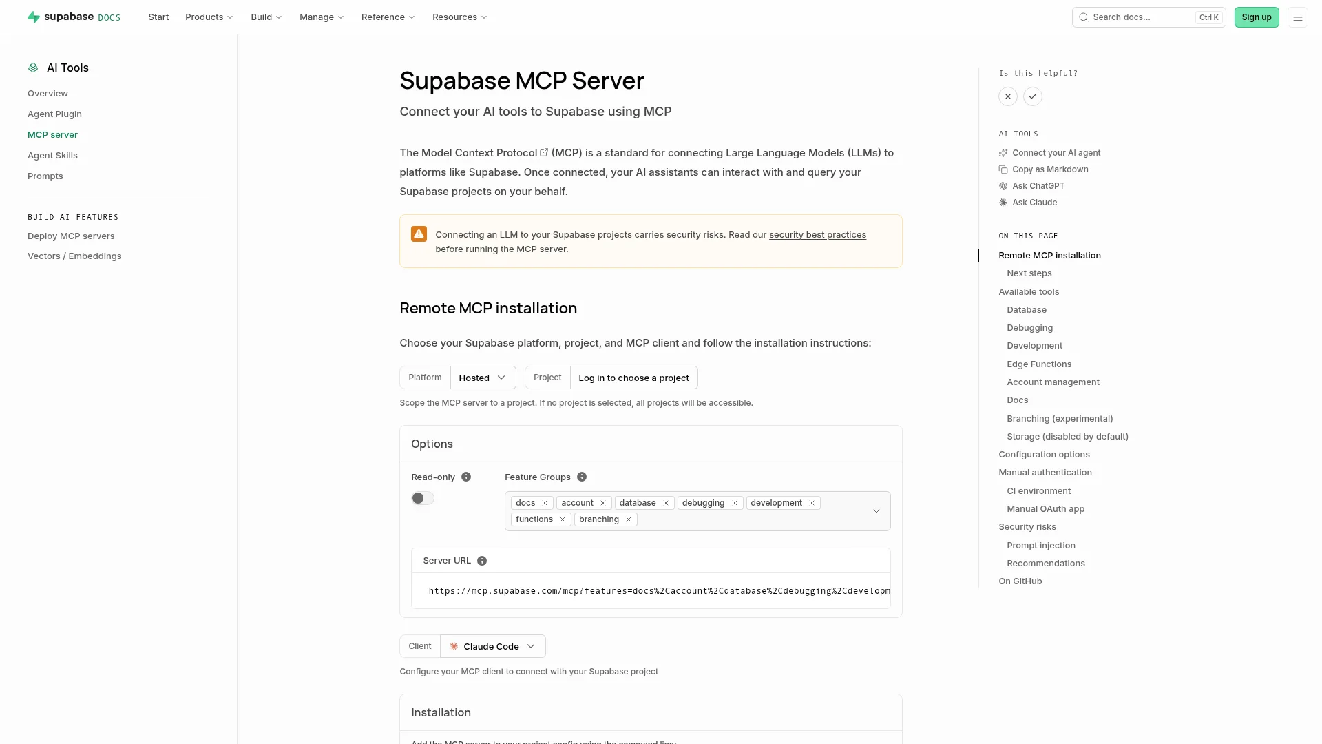 Supabase MCP server documentation showing how AI agents connect to a project.