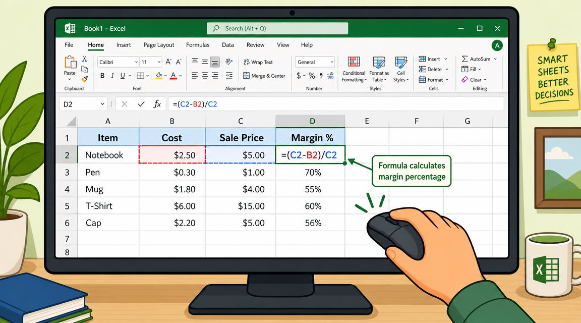 A computer screen showing an Excel spreadsheet calculating profit margin percentage for various items like notebooks and pens.