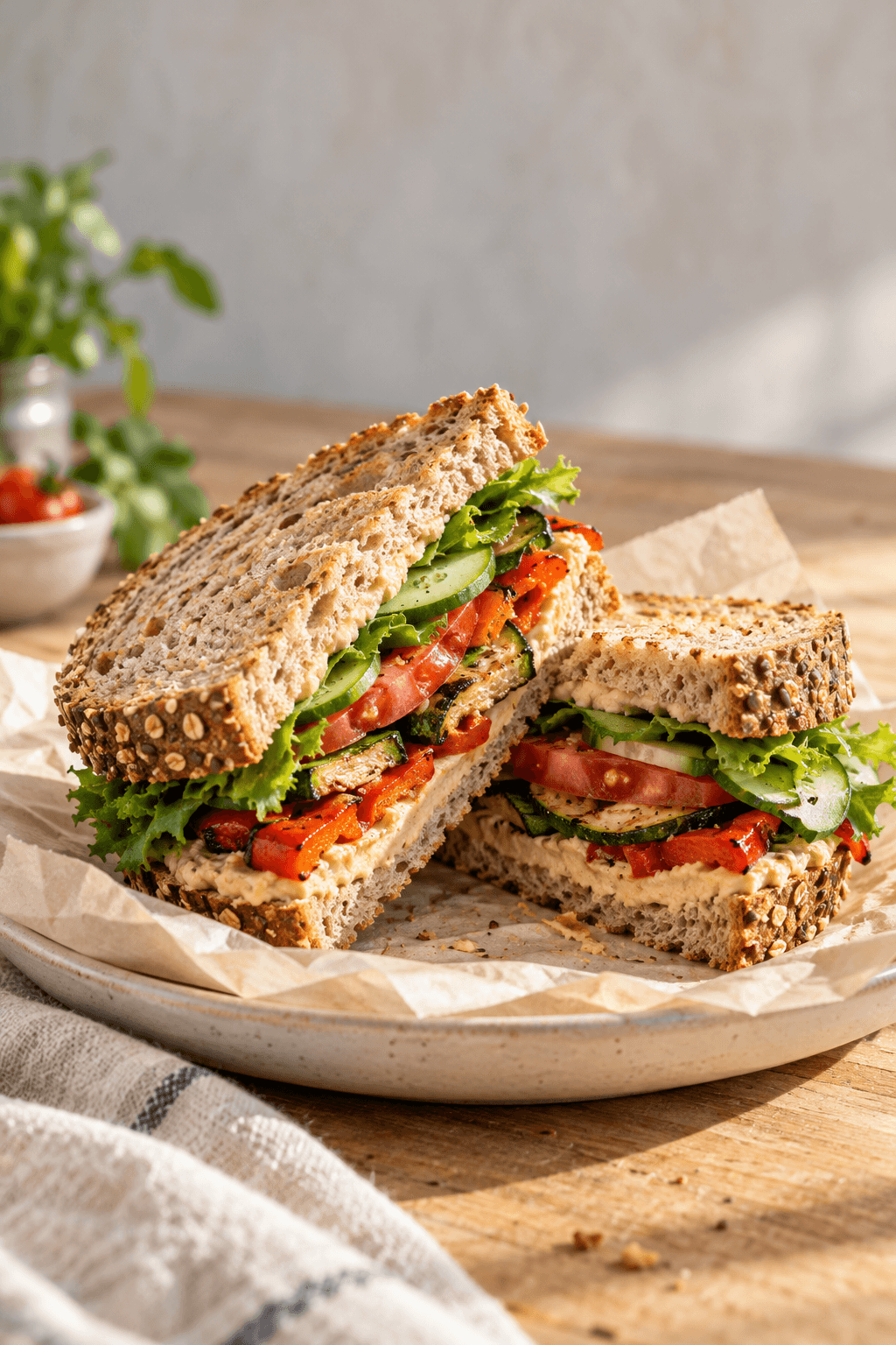 Garden sandwich with roasted vegetables, hummus, and crisp greens on seeded bread