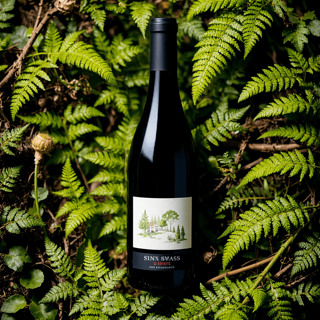 product photography of a bottle of red wine, used for drinking and pairing with meals, featuring a decorative label