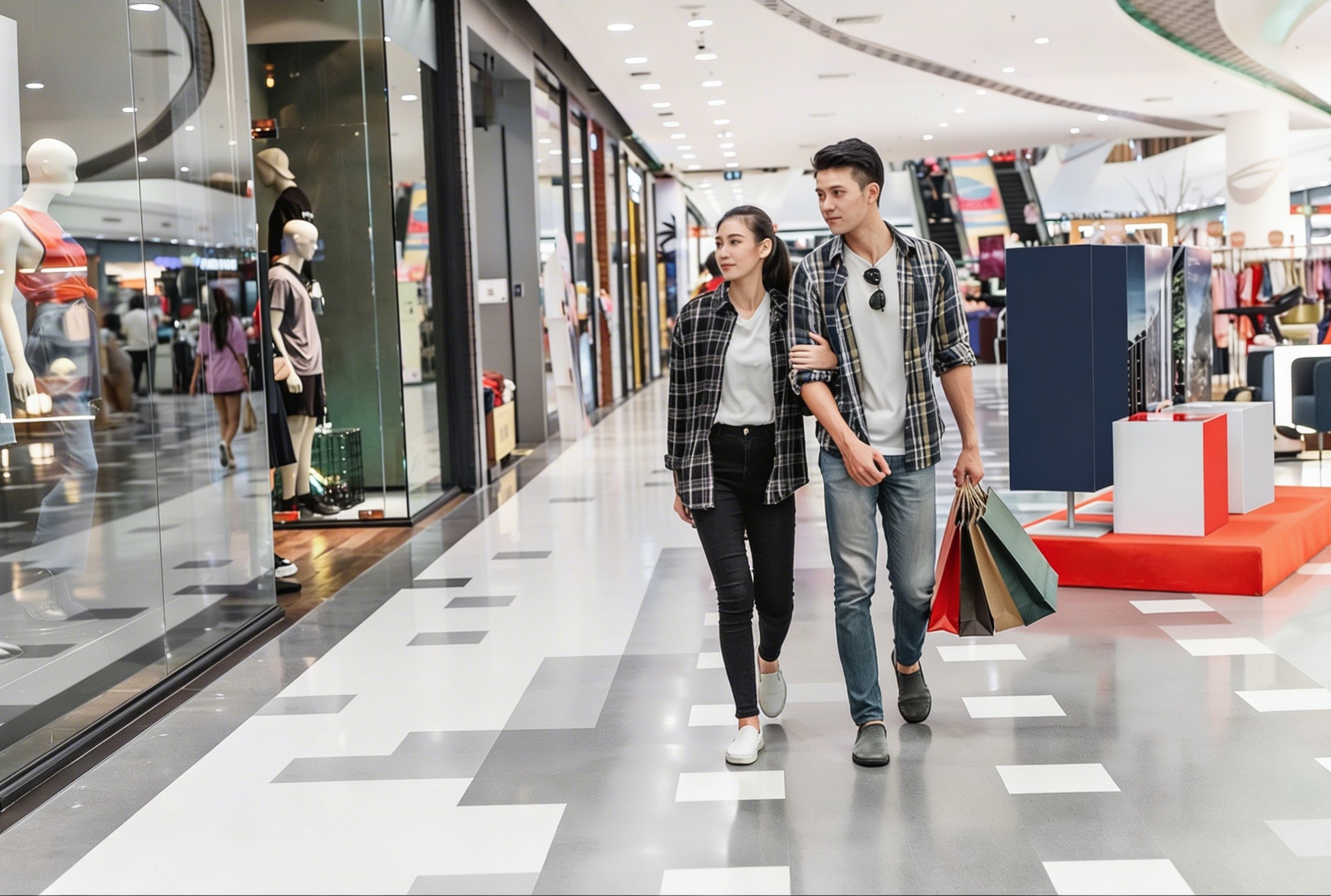 專業設計團隊協作討論機場零售空間建築模型,展示免稅店室內設計藍圖與商業規劃細節。A professional design team collaborated to discuss the architectural model of the airport retail space, showcasing the interior design blueprints and business planning details of the duty-free shop.