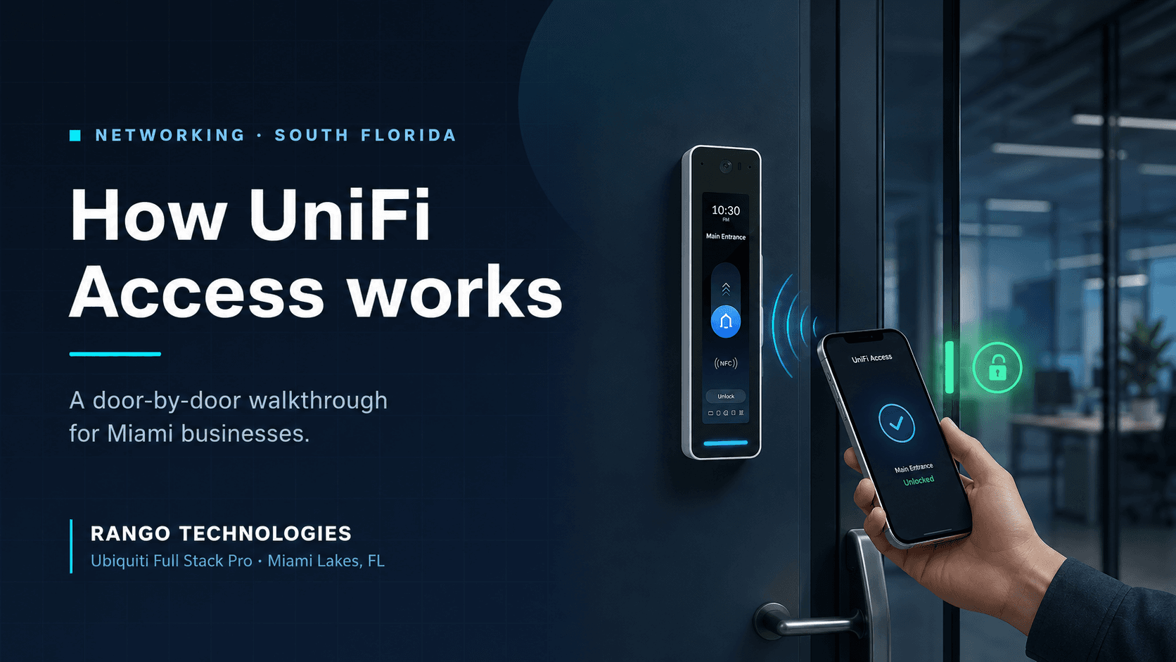 UniFi Access reader beside a Miami office door as an employee unlocks it with a phone credential.