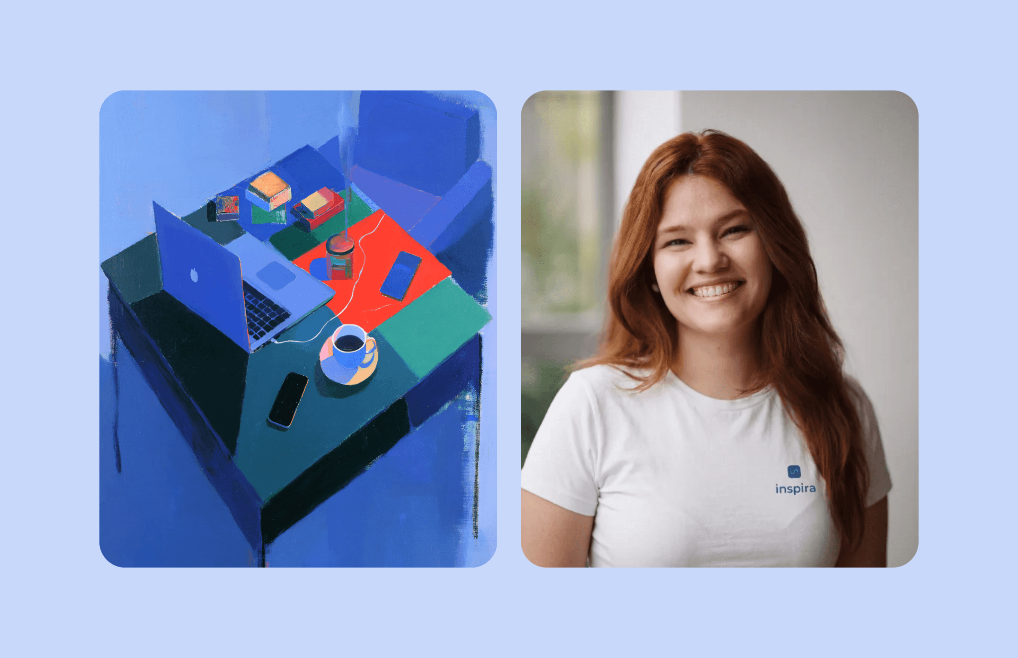 Composição lado a lado com ilustração de mesa de trabalho vista de cima em tons de azul e foto de mulher sorridente vestindo camiseta com a logo da Inspira. Blog post Inspira.