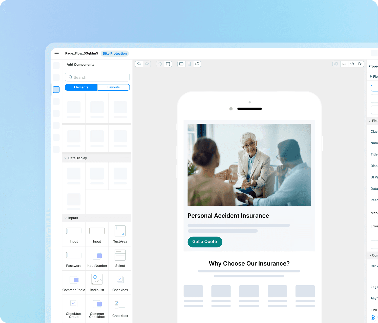 A digital interface design showing a mobile app layout with images and text, set against a light background.