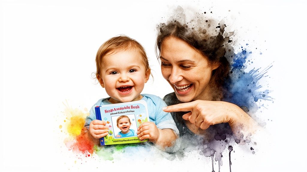 A joyful baby holds a personalized board book with its photo, next to a smiling woman pointing to it.