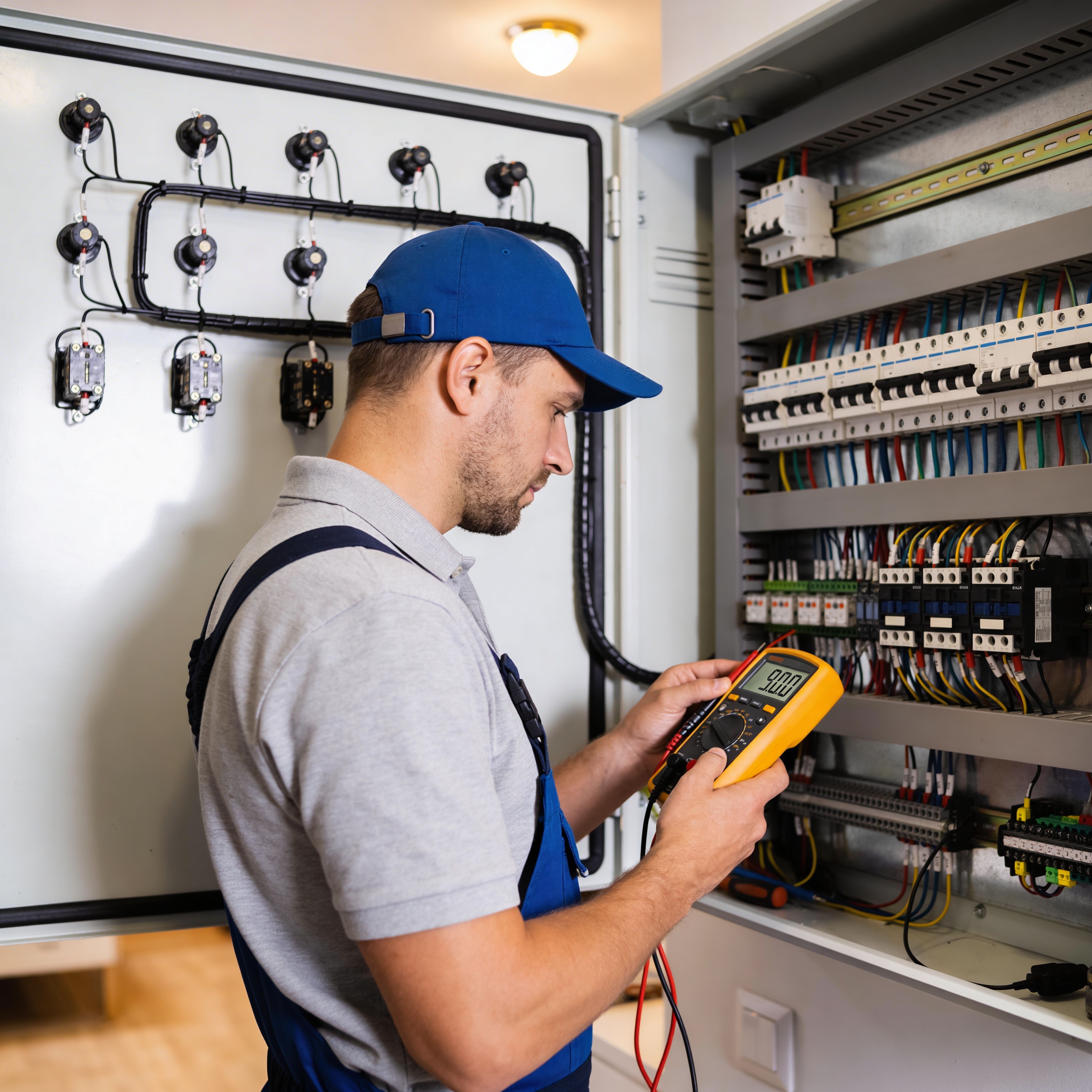 Electrician using digital multimeter to test electrical control panel during safety inspection
