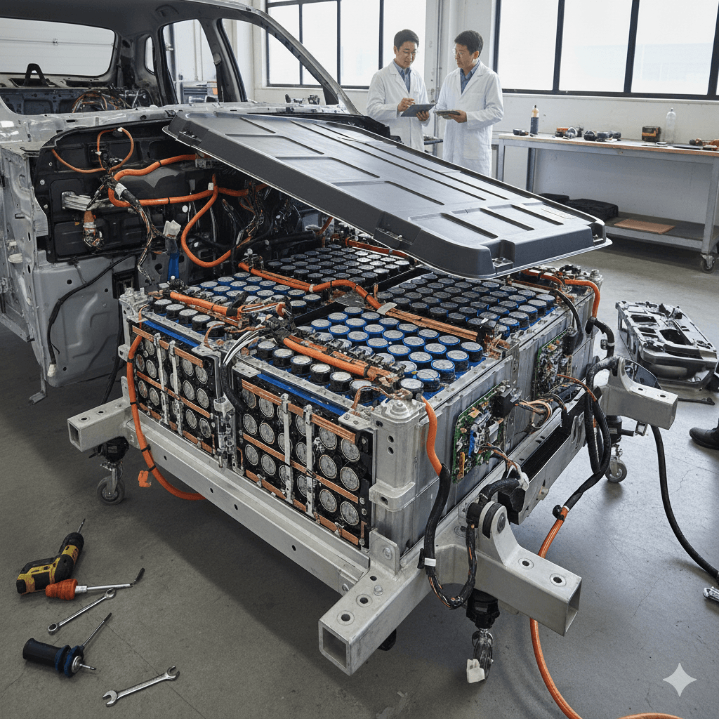 Very large electric car battery with the cover removed