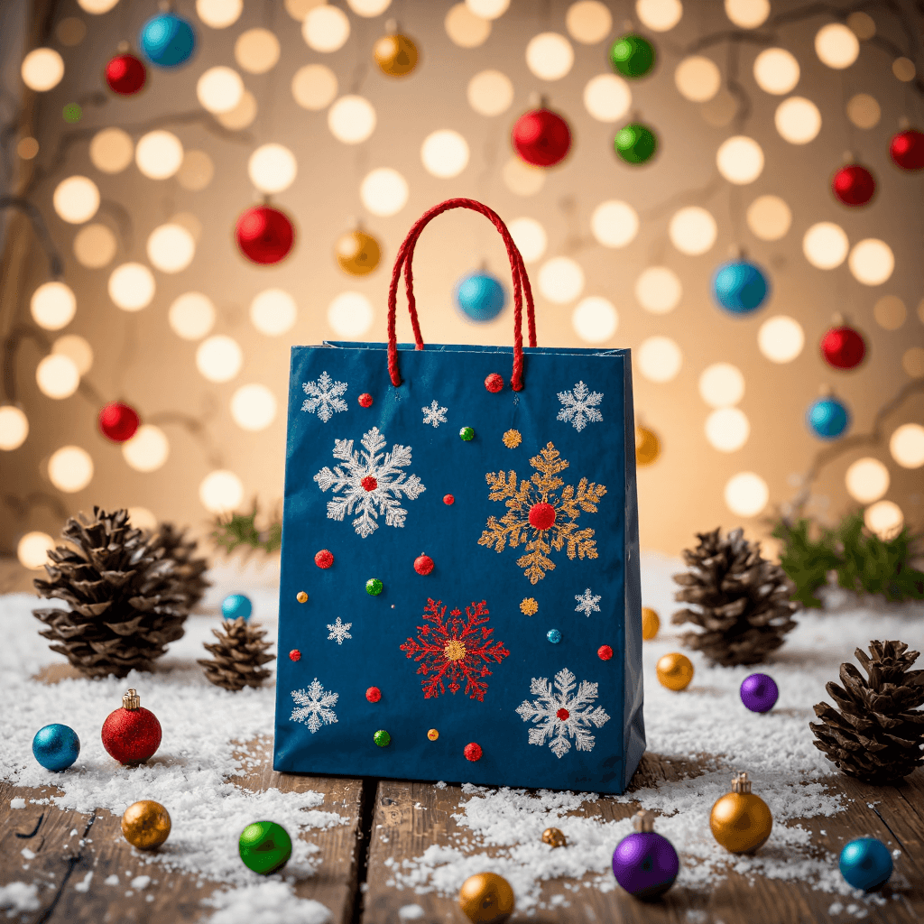 product photography of a decorative gift bag with a festive design