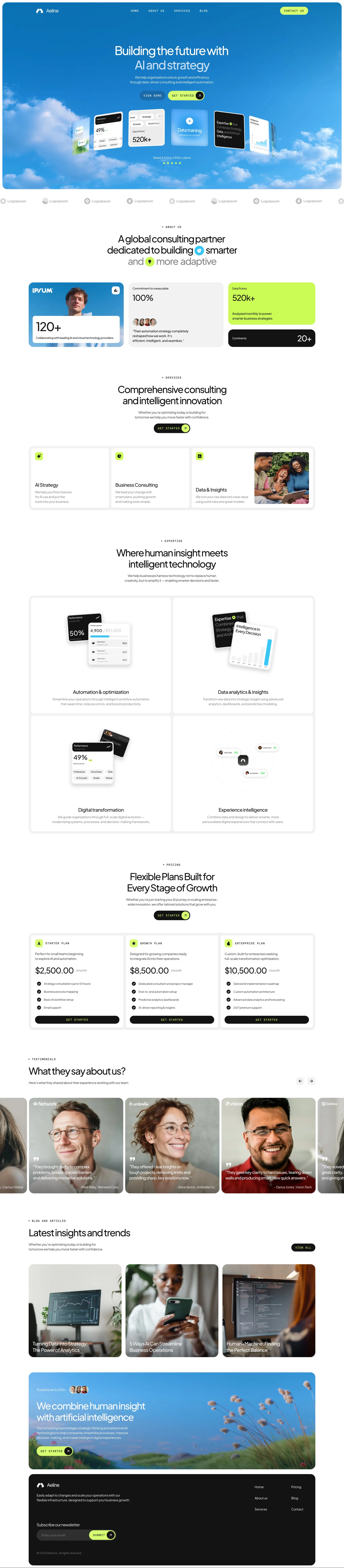 Aeline AI Template landing page screenshot showcasing AI and Tech design