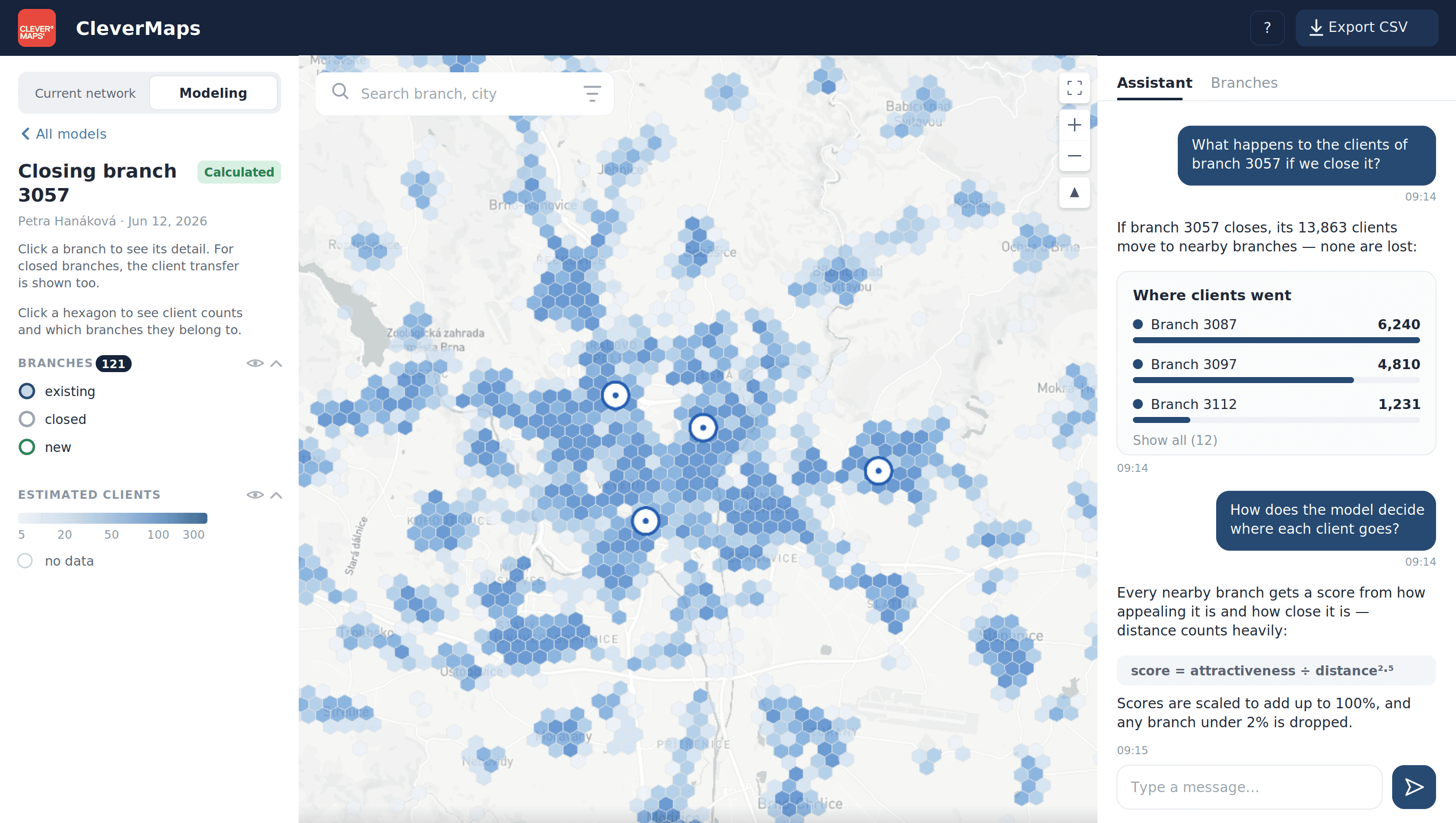 Network Impact Modeling application by CleverMaps using Huff Model
