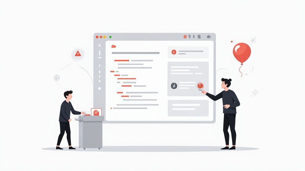 Two professionals collaborating on code review and software development workflow on digital interface