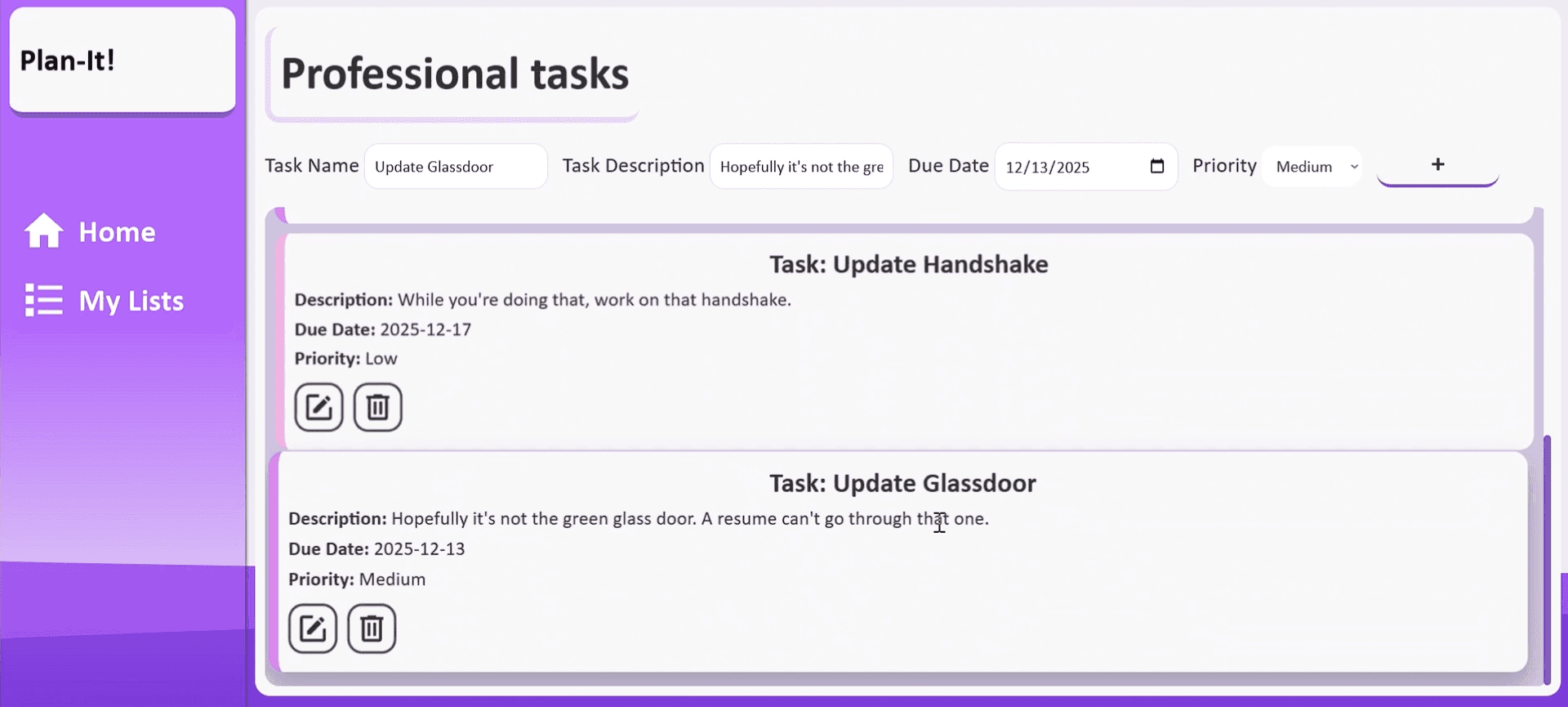 Task list creation from Plan-It!