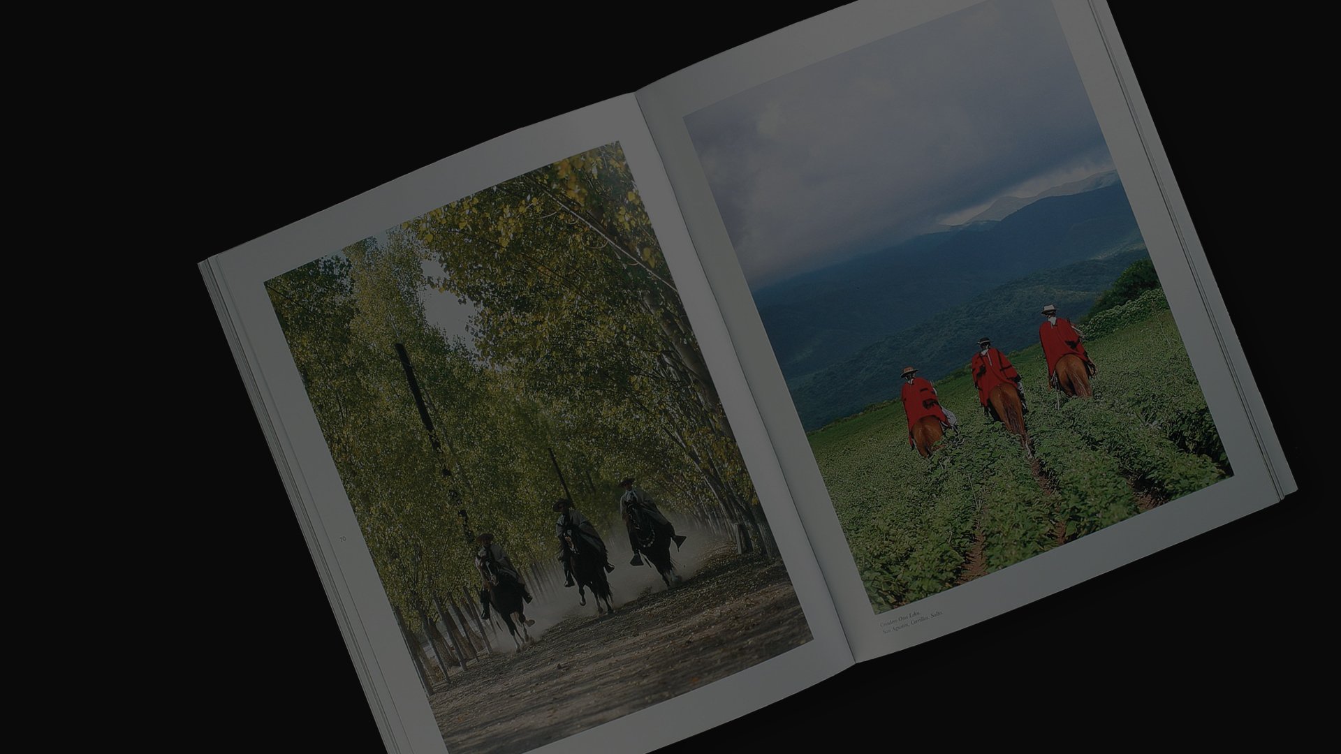 An open book displaying two pages. Left page: three riders on horseback under tall trees. Right page: three riders in red coats riding through green fields with mountains beyond.
