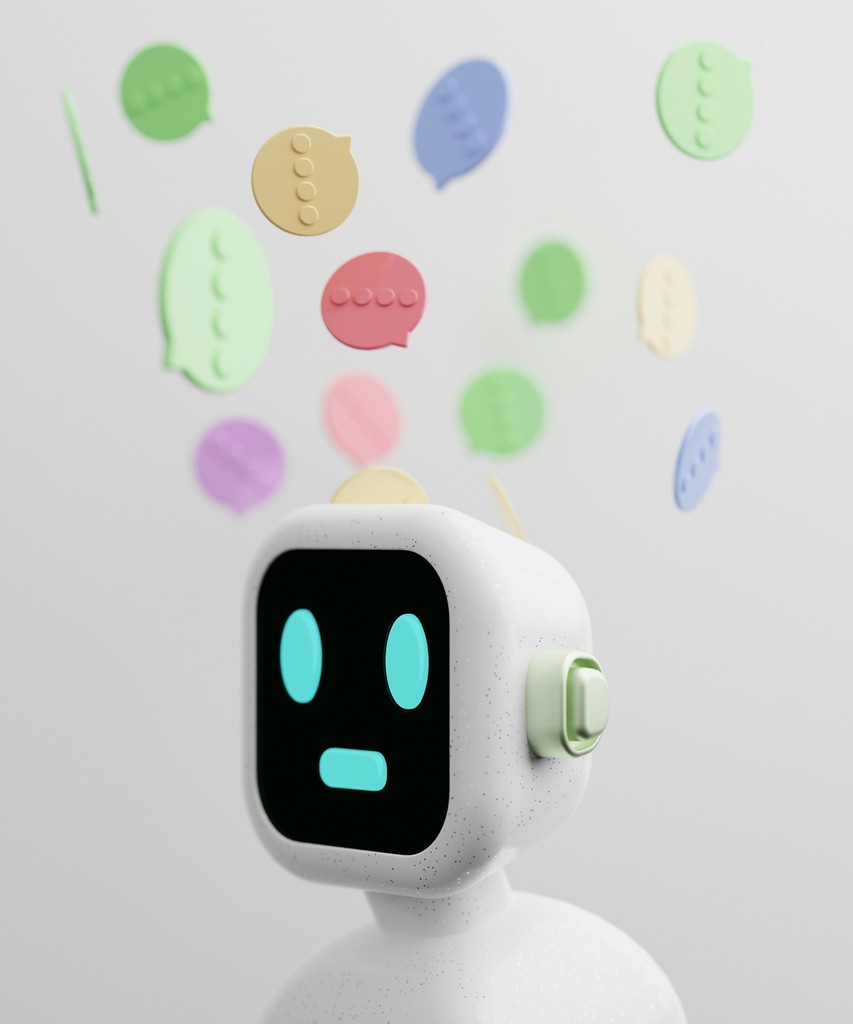 A cute, minimalist robot with a digital face, surrounded by colorful speech bubbles, representing artificial intelligence and conversational AI technology.