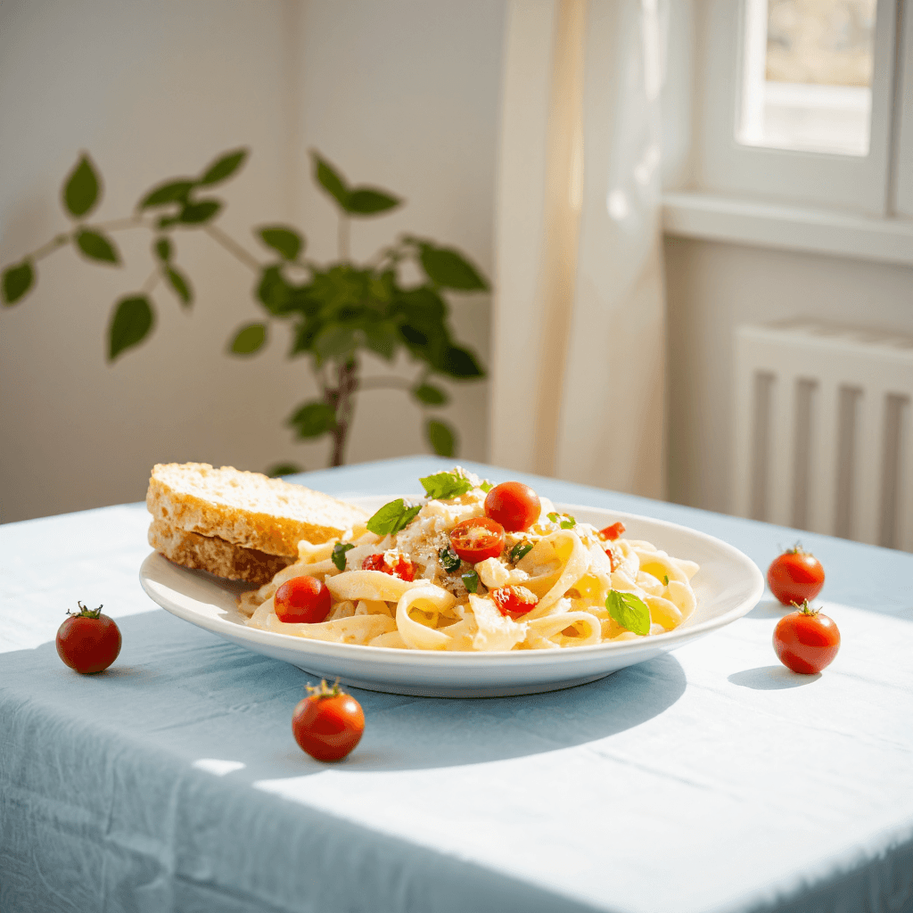 product photography of a plate of creamy pasta with vegetables and bread