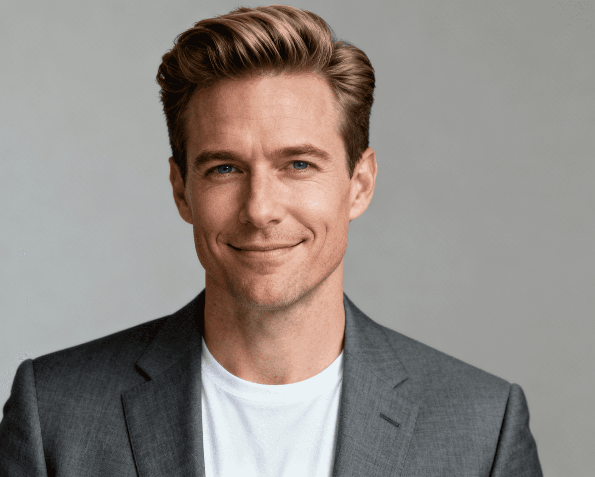 Full-body portrait of man in all-black streetwear outfit with leather jacket, cap, and boots on white background