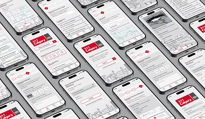 Flat lay of multiple mobile screens displaying Krysten Loiselle’s complete UI design system for the Calgary 311 app, illustrating cohesive user interface and enhanced user flow.