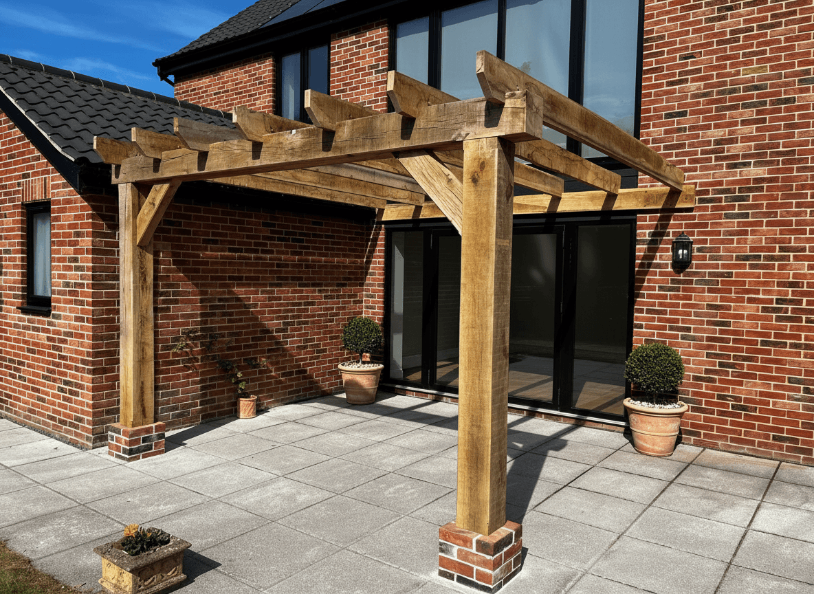 Timber pergola against a brick house