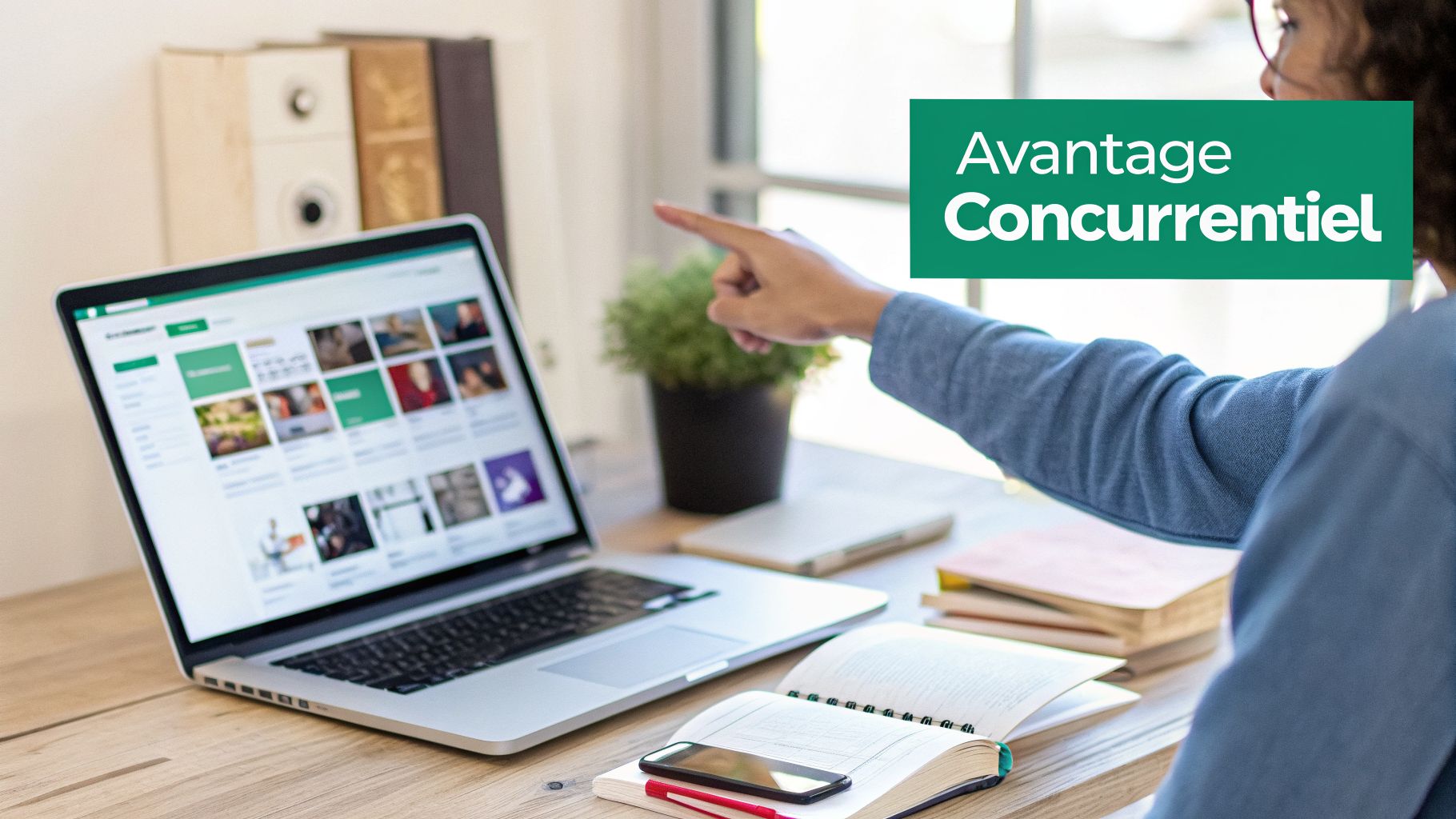 Personne pointant l'écran d'un ordinateur portable affichant une bibliothèque d'images et le texte « Avantage Concurrentiel ».