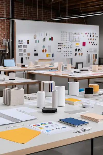 The image showcases a modern design studio featuring an organized workspace with various product design prototypes and sketches spread across tables, reflecting a focus on product strategy and design workshop activities.
