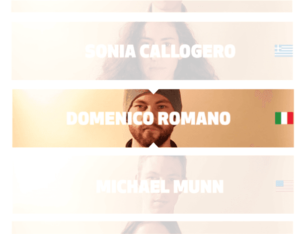 Three horizontal white lines separate three individuals. From left to right: Sonia Callogero, domenico Romano, and Michael Munn. Small flags are visible next to each name.