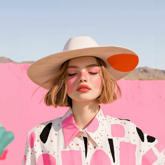 Fashion portrait of a woman in a wide-brim hat and graphic pink patterned shirt standing in front of a bright pink wall under clear desert light.