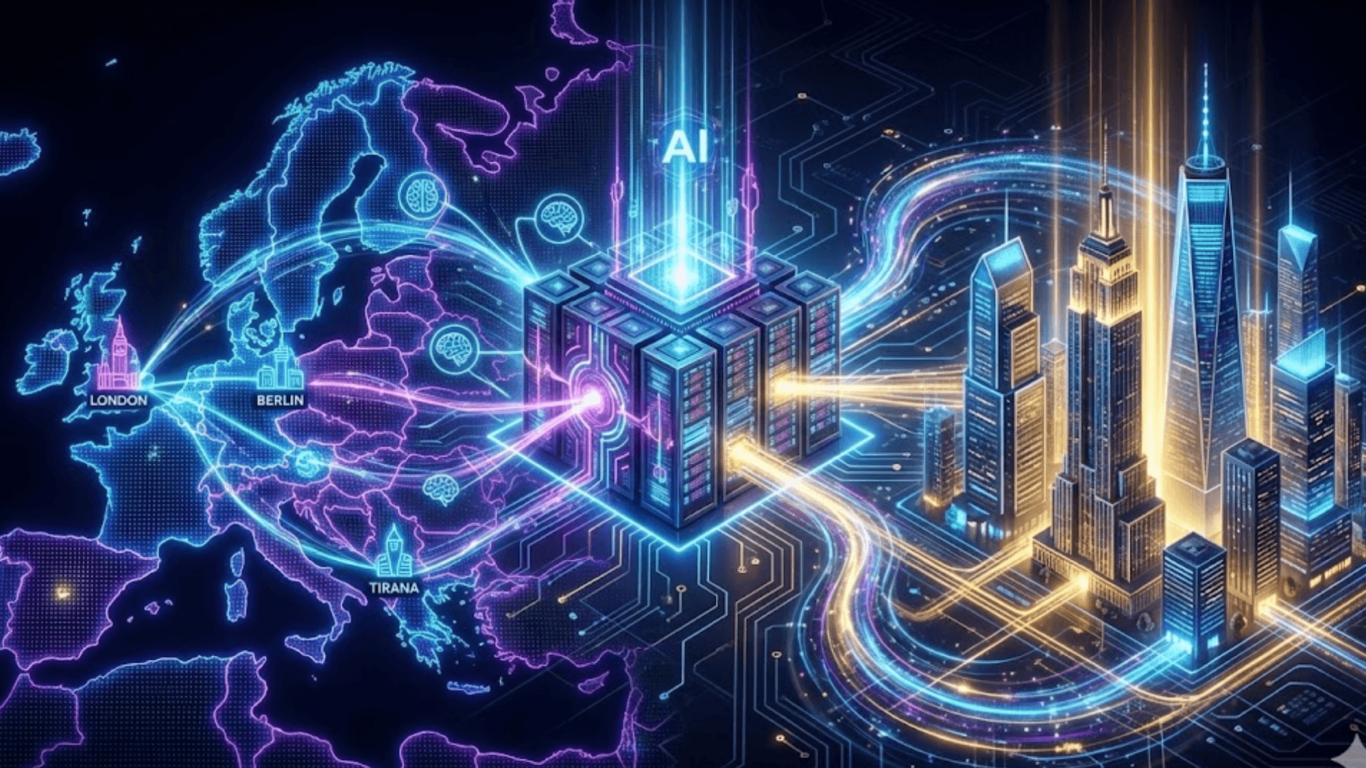 A cinematic tech illustration in 1920x1080 landscape depicting the flow of European AI talent to American tech hubs. On the left, a neon map of Europe highlights London, Berlin, and Tirana, with neural network icons representing local talent. In the center, a massive, glowing AI server core processes data streams, which then flow through high-speed energy conduits into a skyline of towering American skyscrapers on the right. The image uses a futuristic blue, purple, and gold color palette to visualize the relationship between European innovation, AI infrastructure, and global market opportunities.