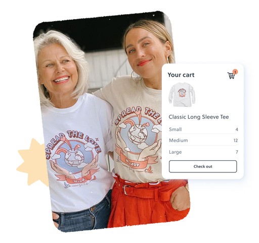 Women wearing "Spread the Love" t-shirts with shopping cart screen.