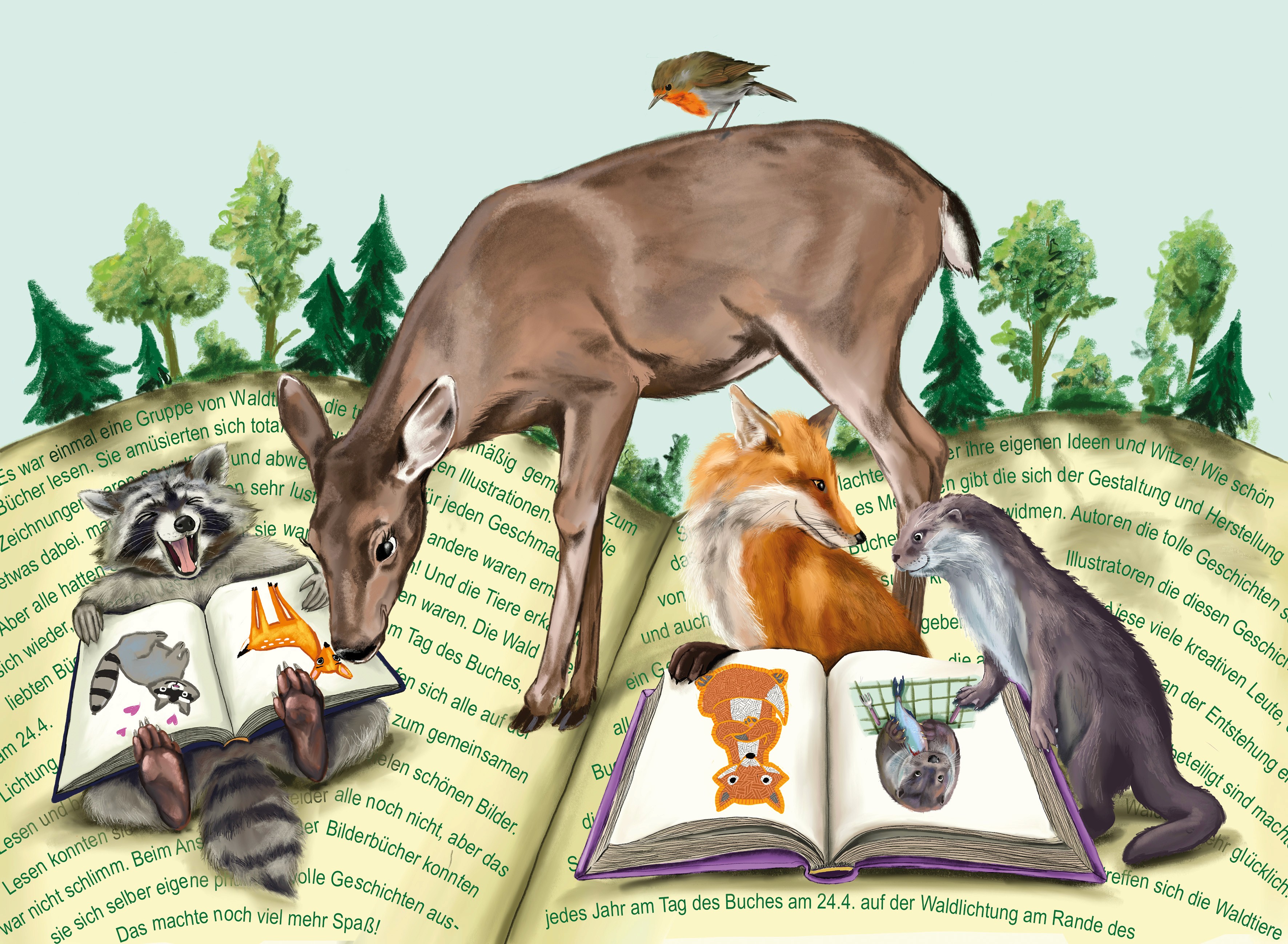 Ein Fuchs, ein Otter, ein Waschbär und ein Reh lesen in Büchern und sehen sich selbst 