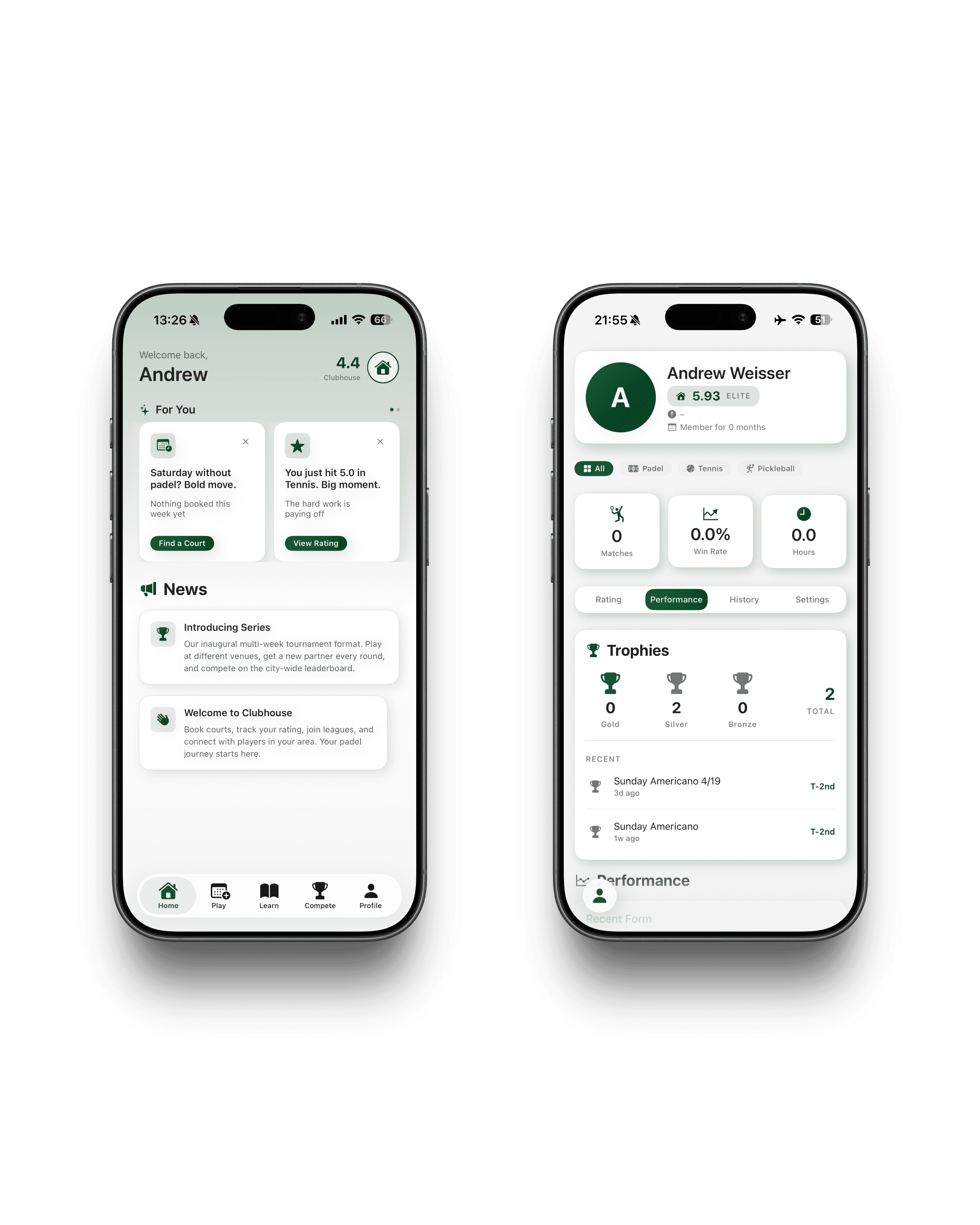 Clubhouse player app events and tournament screens on iPhone