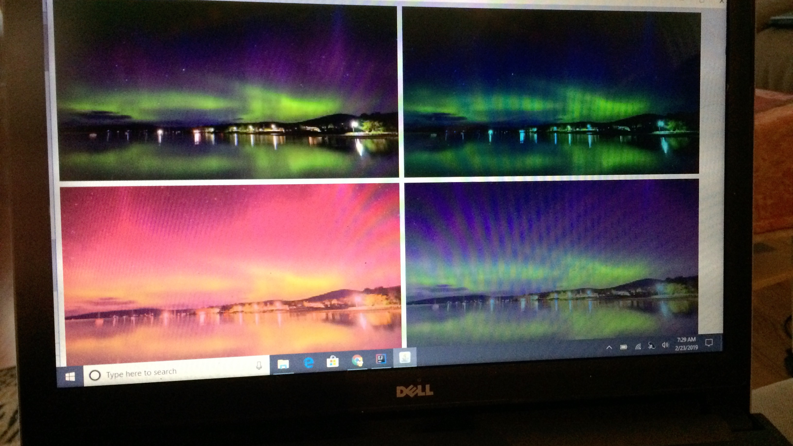 Grid of 4 images, each containing the same aurora image but with varying enhancements to red, green, and blue