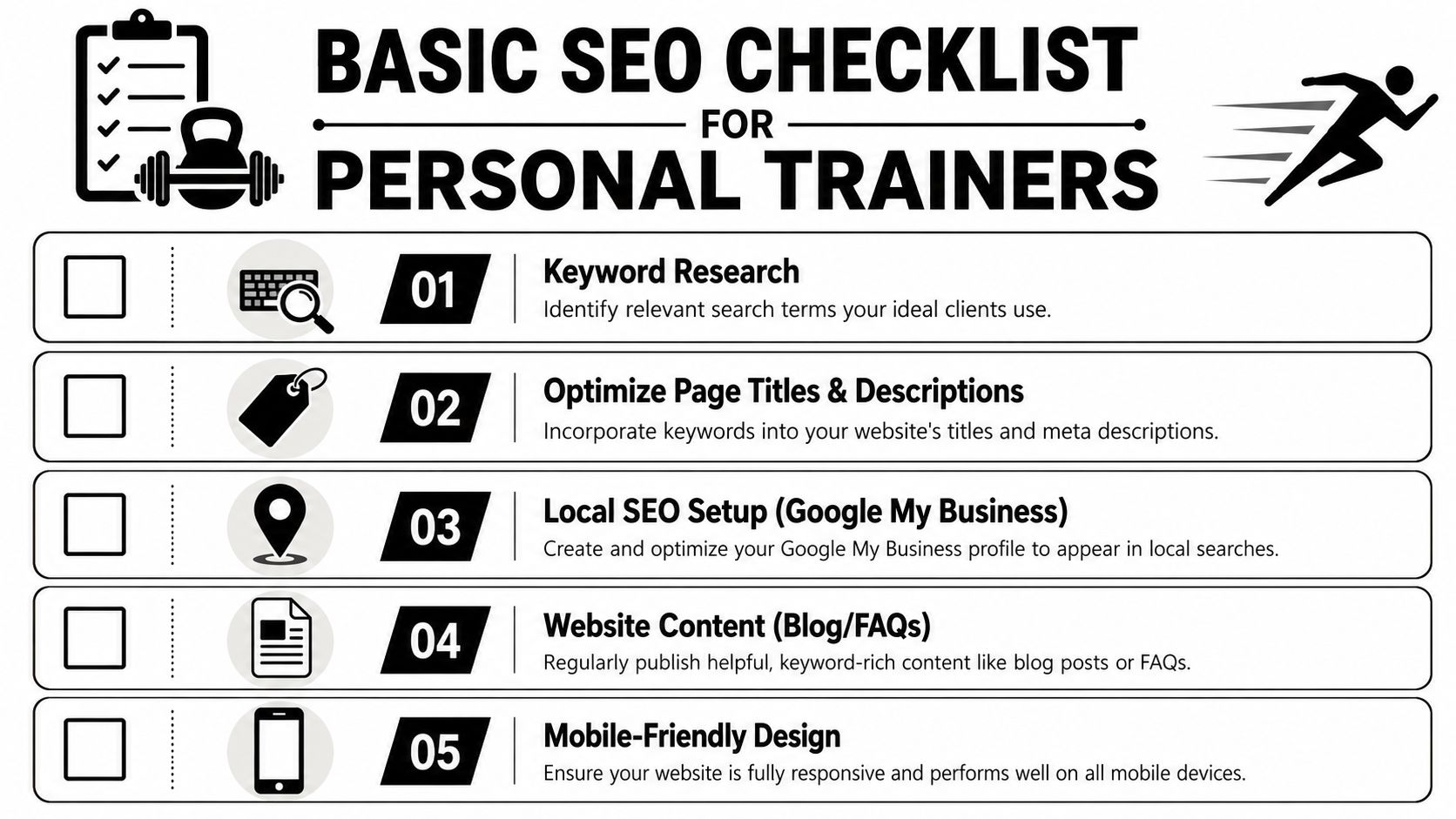 A checklist infographic titled Basic SEO Checklist for Personal Trainers listing five essential digital marketing steps.