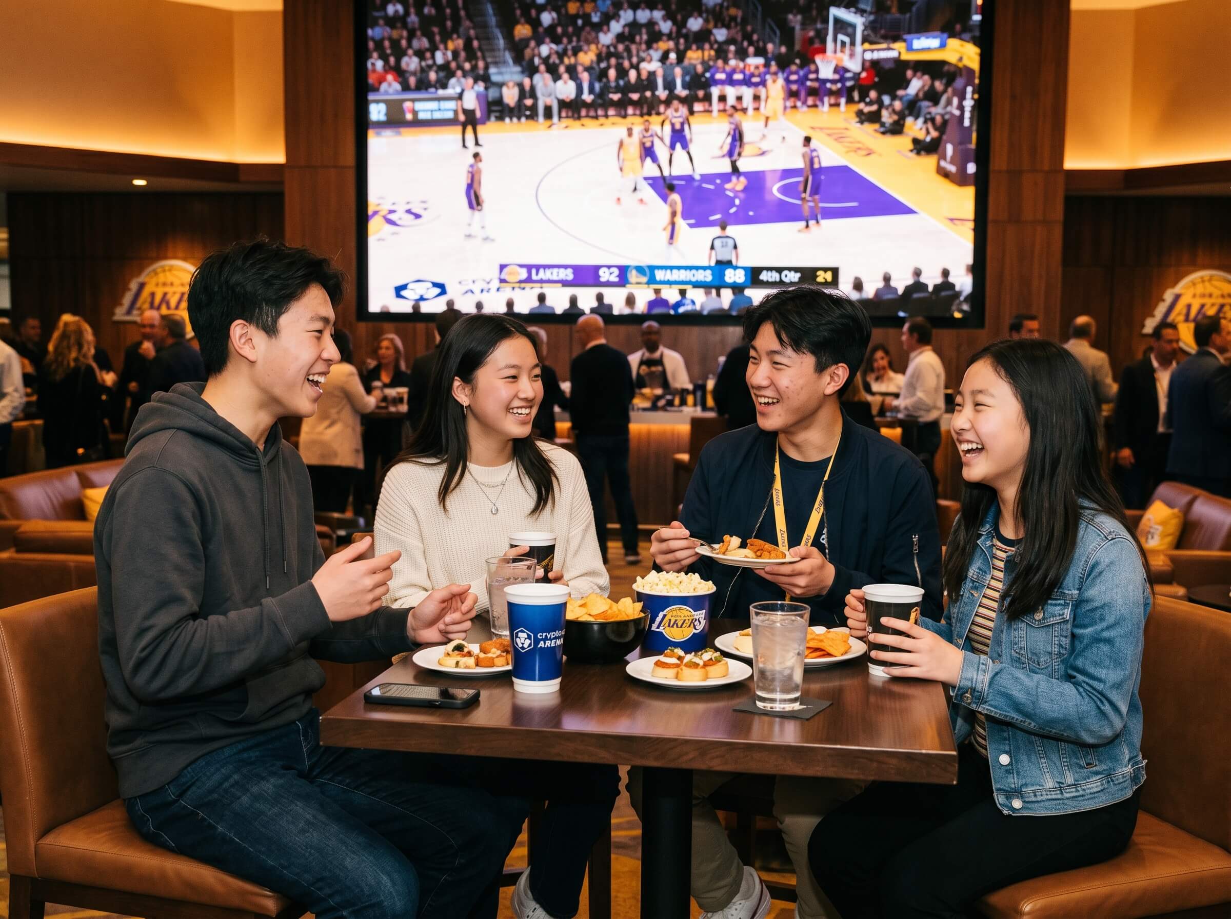 A group of four people enjoying food and drinks at a table, sharing laughs while a live basketball game between the Lakers and Warriors plays on a large screen in the background; the venue is lively and filled with spectators.