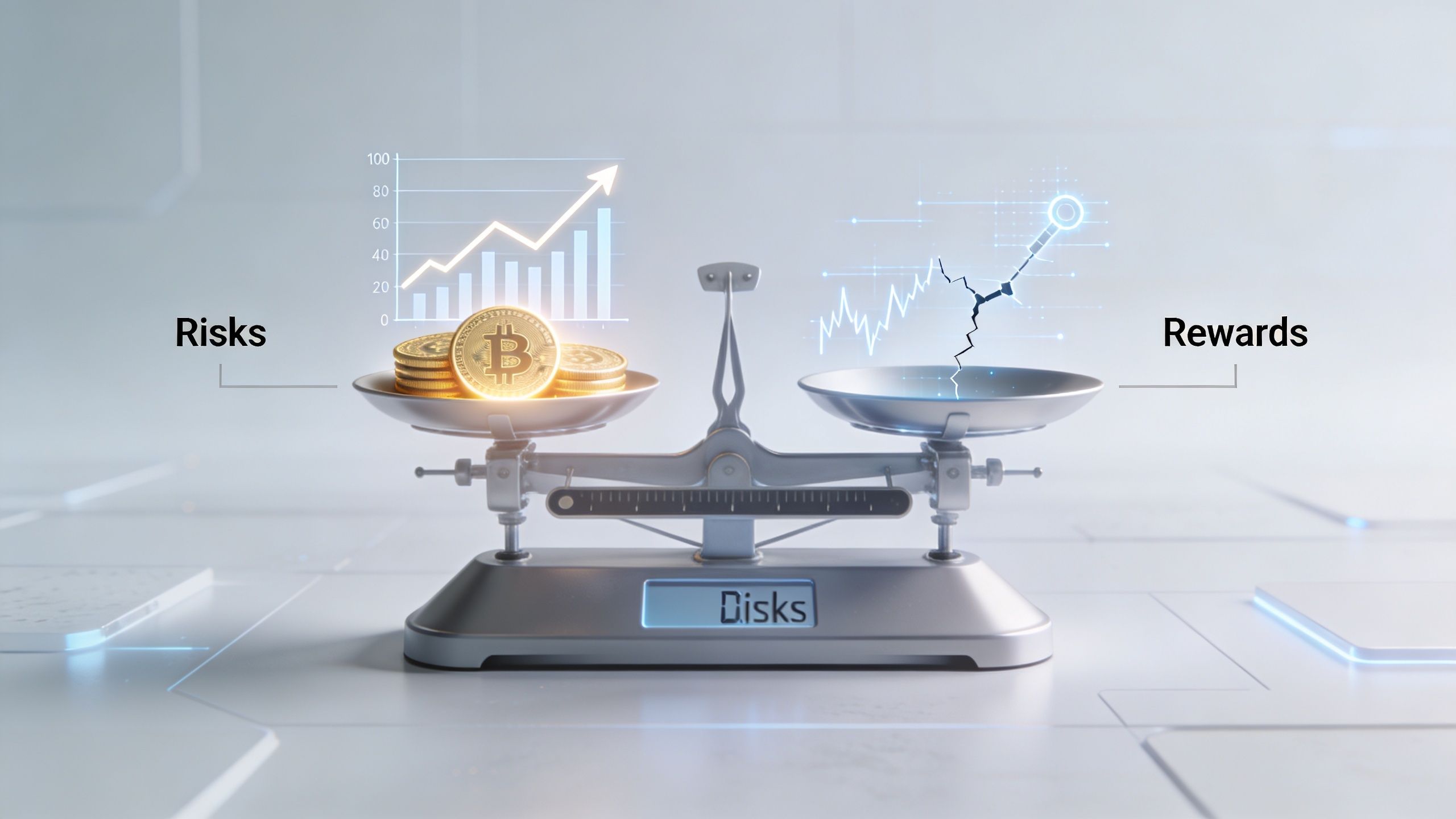 A conceptual image showing a balance scale weighing risks against rewards, with Bitcoin on the left side.