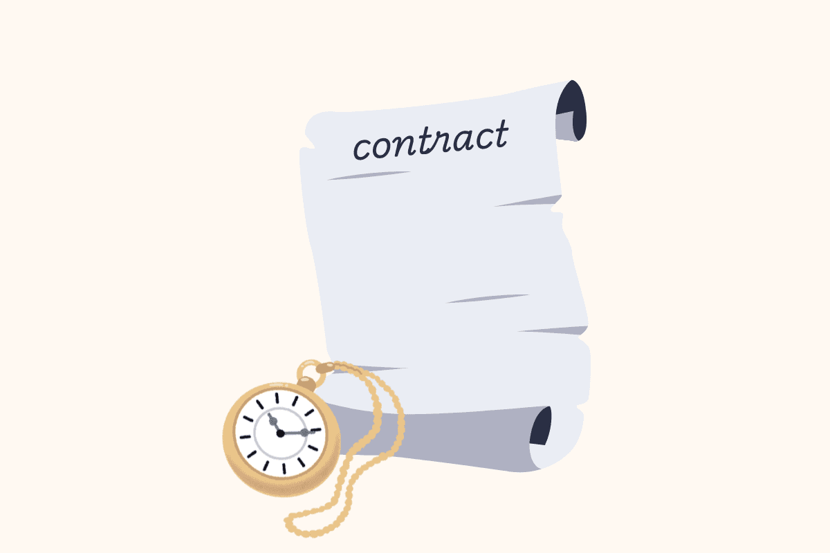 A white scroll with the word "contract" written on it, next to a gold pocket watch.
