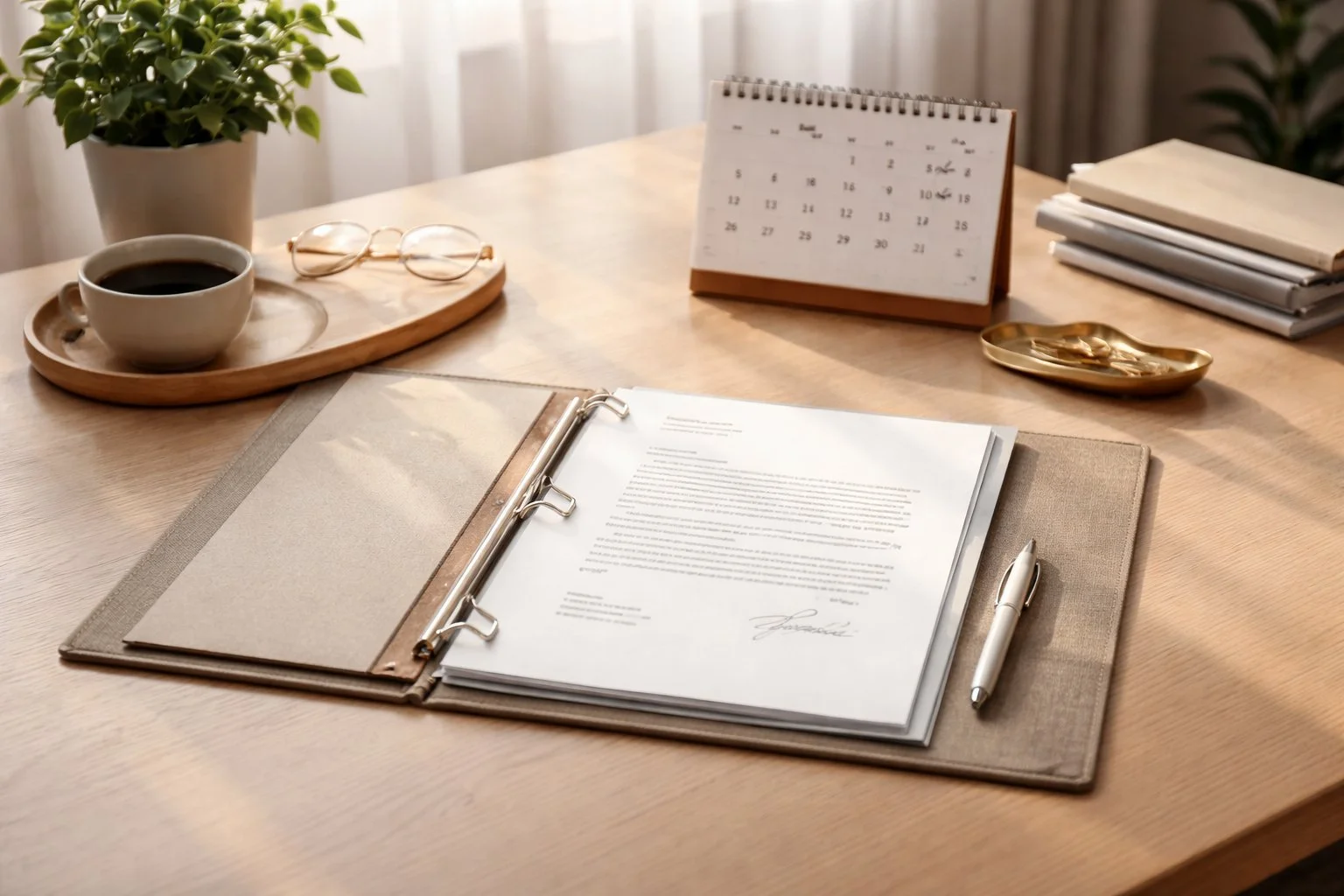 Calm desk scene with an opened letter placed in a folder beside a checked calendar, lit by soft natural light to suggest resolution and control.