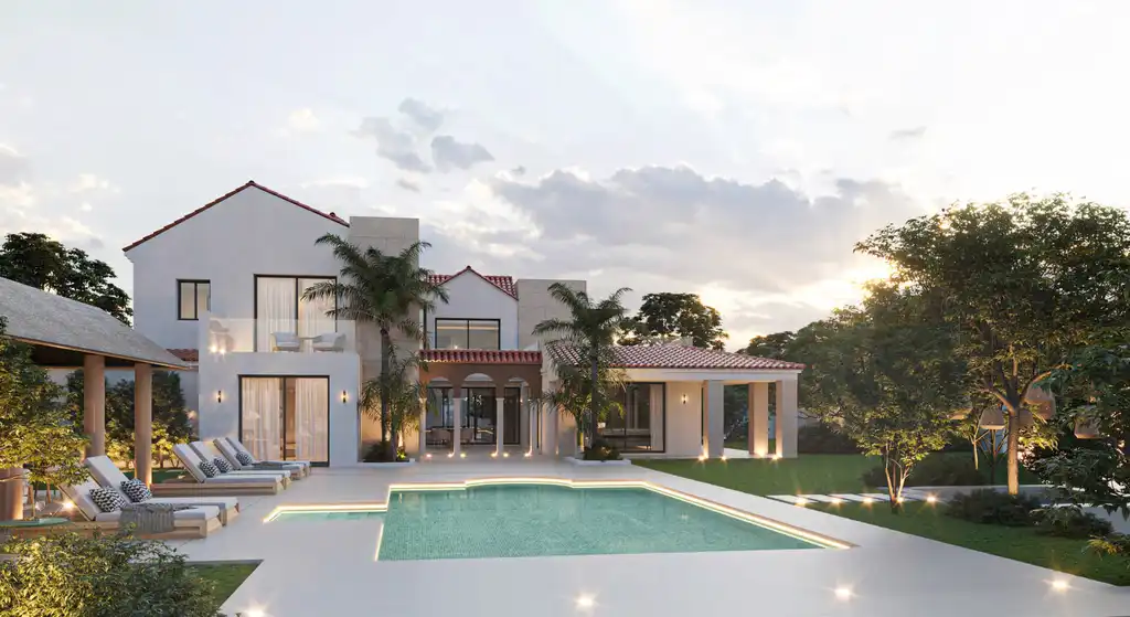 Beautiful luxury villa with pool in sunset