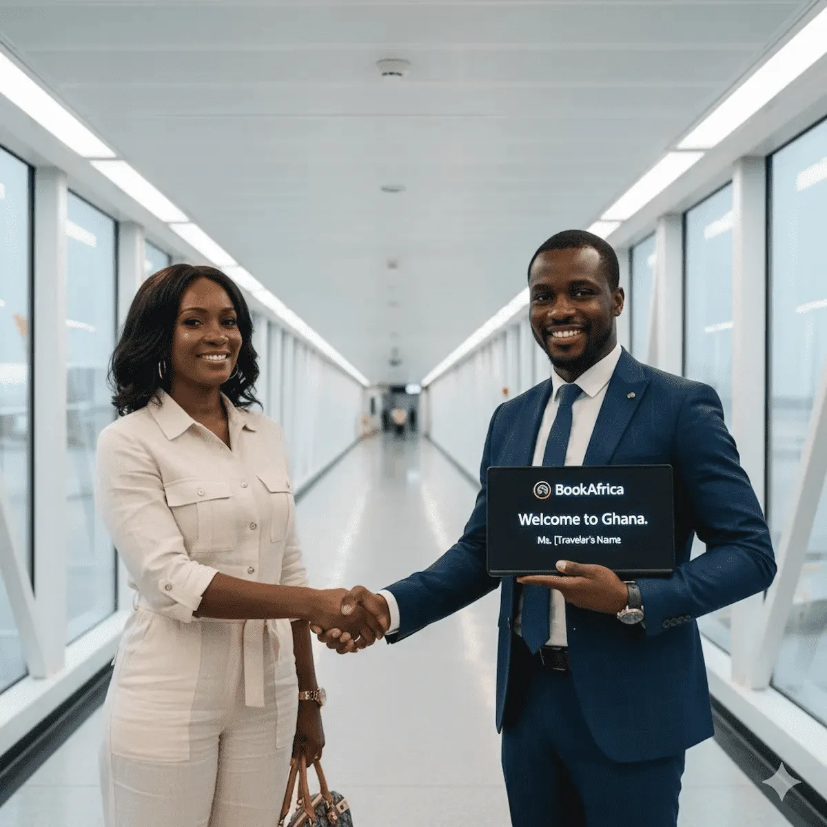 Guide welcoming a traveler with a personalized sign at arrivals.