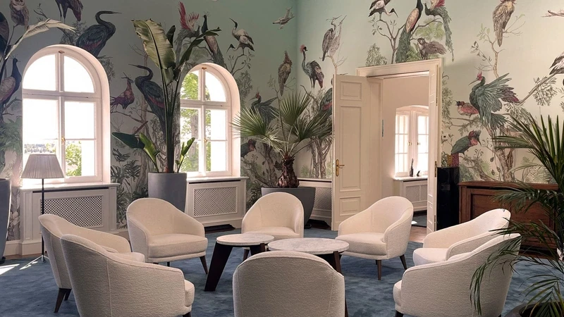  living room with armchairs, bird-themed wallpaper