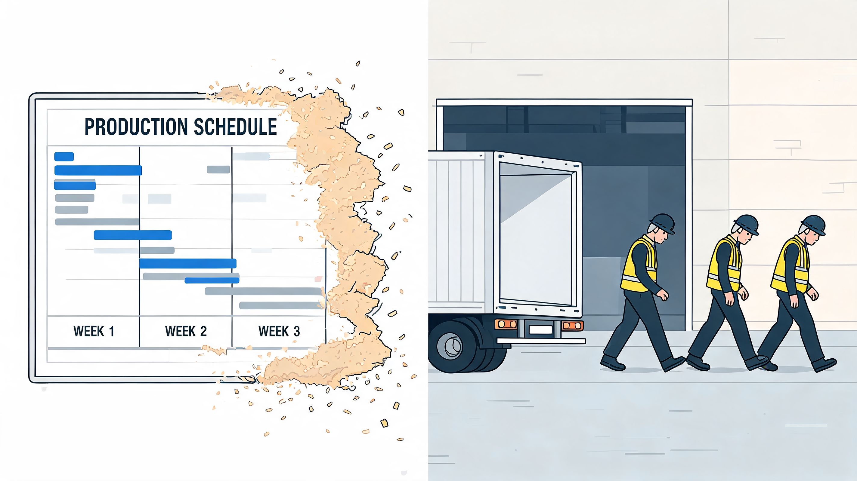Three dejected workers walking away from a crumbling production schedule board at a logistics warehouse facility.