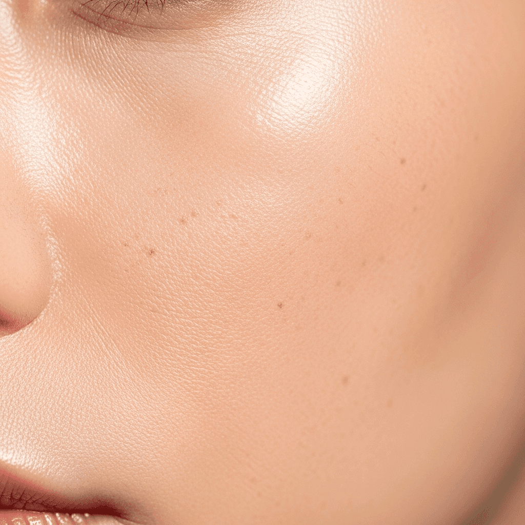 Macro shot of glowing, even-toned skin with a soft-focus background.