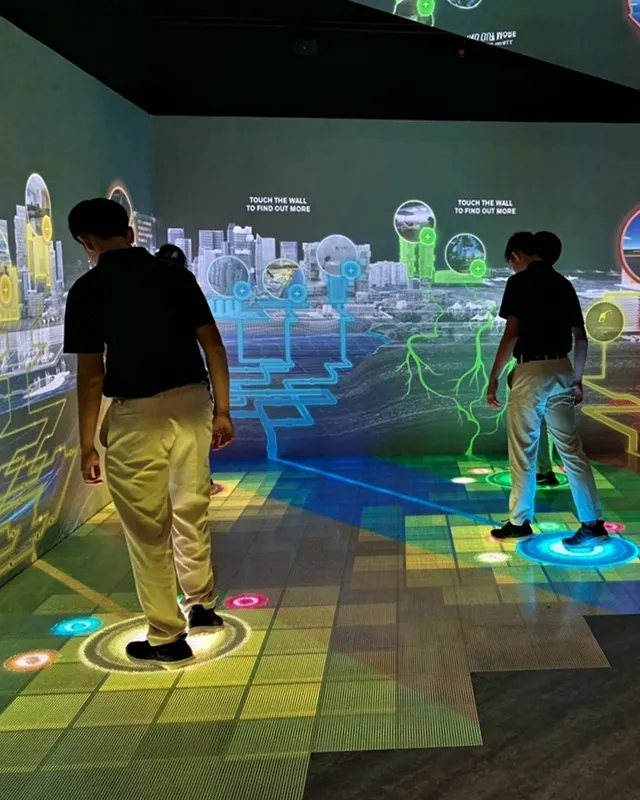 Palm trees frame a dramatic mountain valley landscape