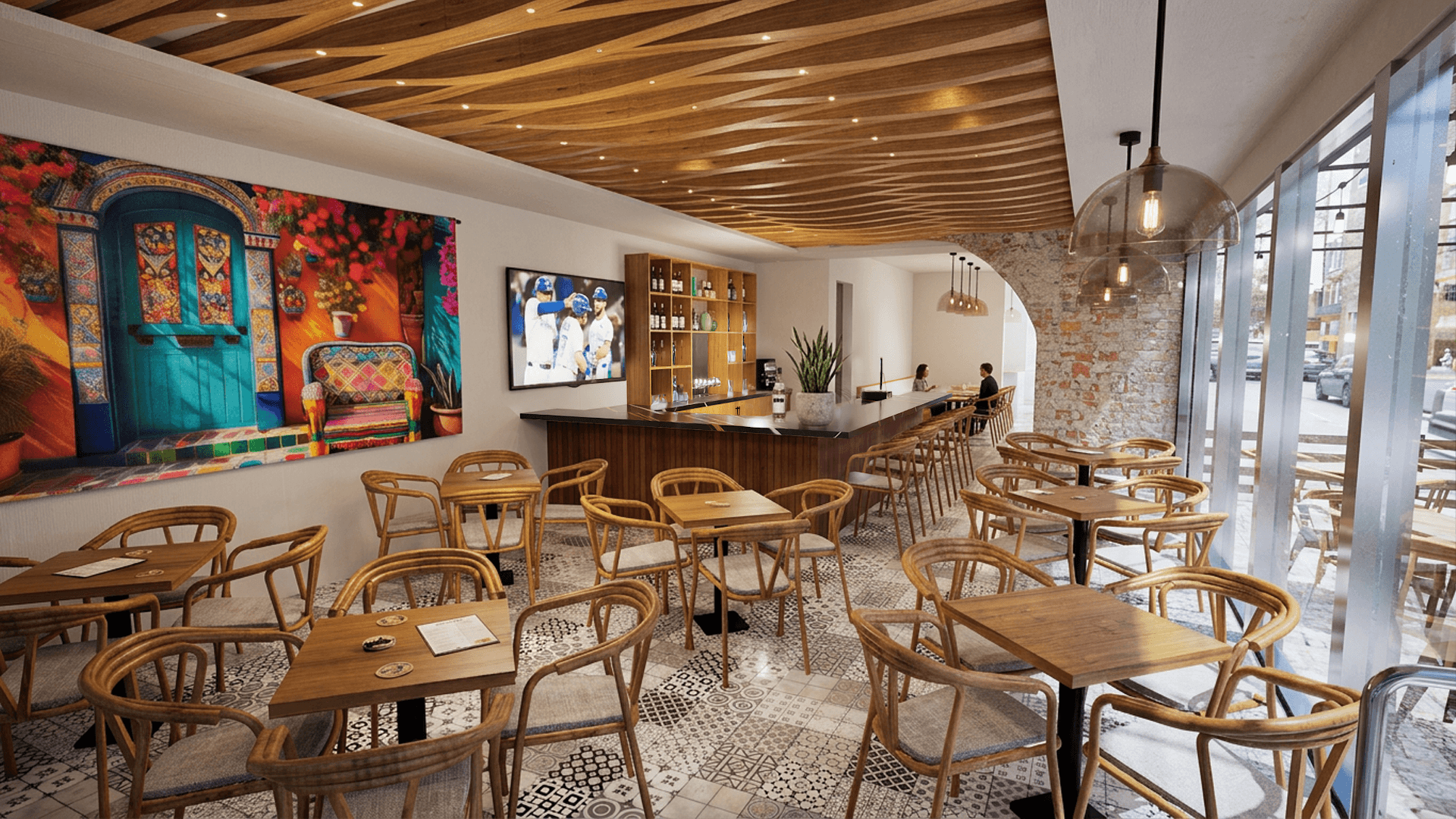 Double-height interior with flowing sculptural forms and warm raking light