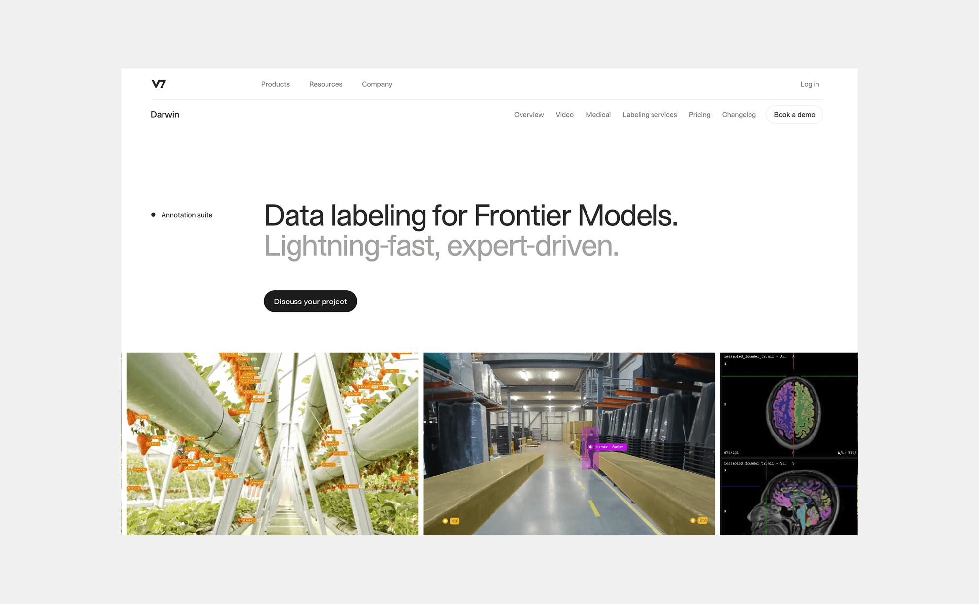 Screenshot showing Darwin landing page hero — V7 Labs case study by Boldway Studio