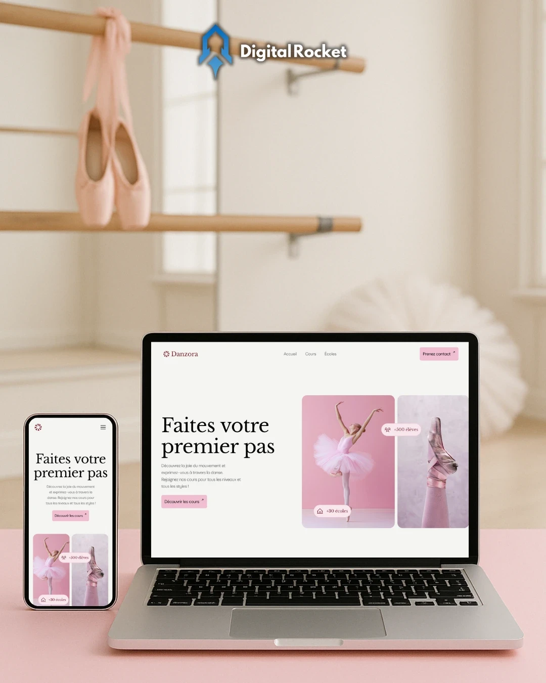 Site vitrine pour une école de danse à Montpellier, réalisé par Tommy Serrano. Design élégant et rose poudré pour mettre en avant les cours de danse classique et moderne.