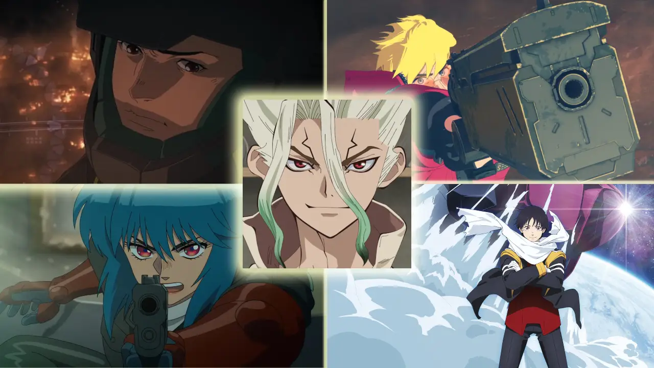 An anime collage featuring various characters in dynamic poses: one in a dark helmet against a fiery backdrop, another with bright hair wielding a large weapon, a blue-haired character aiming a gun, a central character with light greenish hair smiling confidently, and a figure in a space suit with a flowing scarf set against a starry space background.