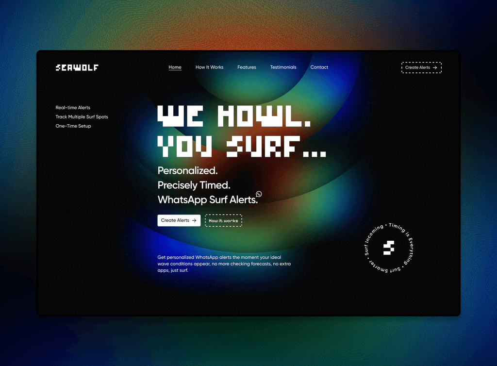 Seawolf surf forecasting homepage with real-time conditions