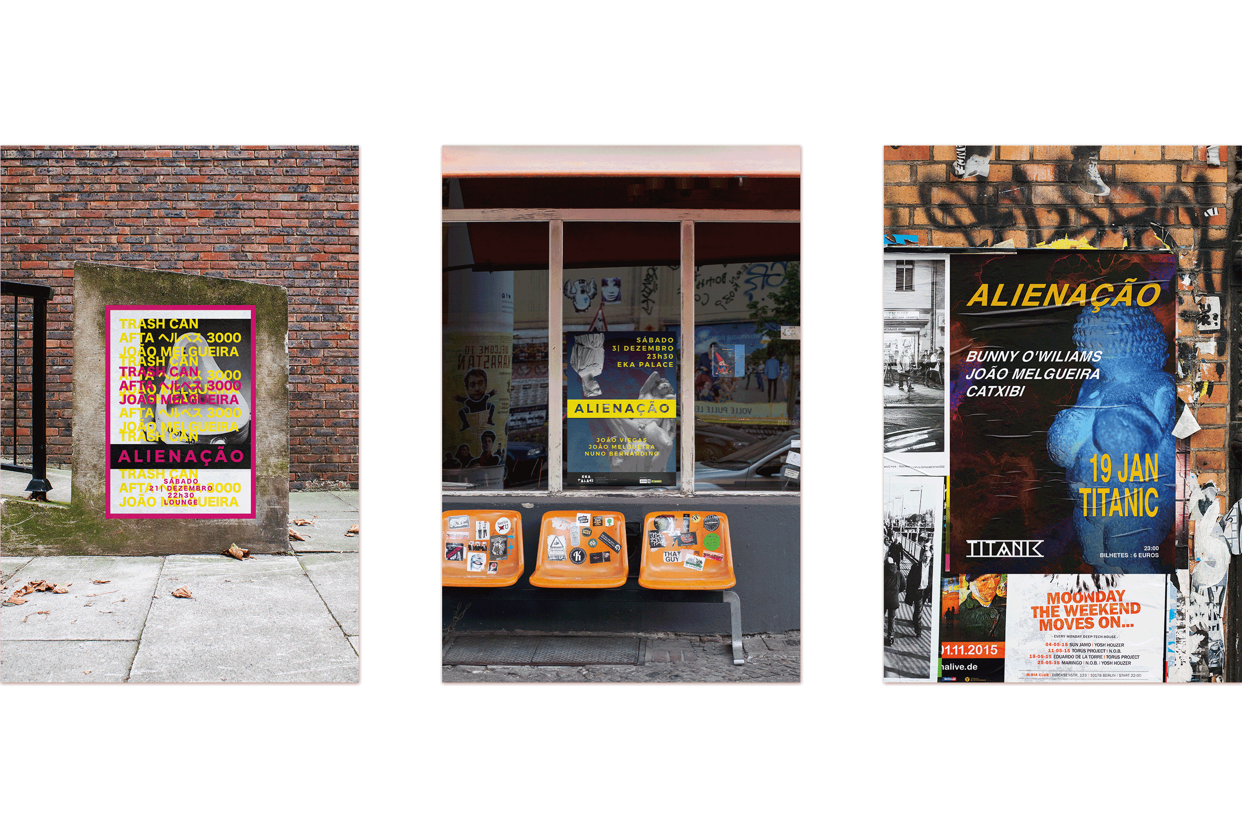 Urban poster campaign for “Alienação” electronic music event featuring bold graphic design displayed across street posters and city walls.