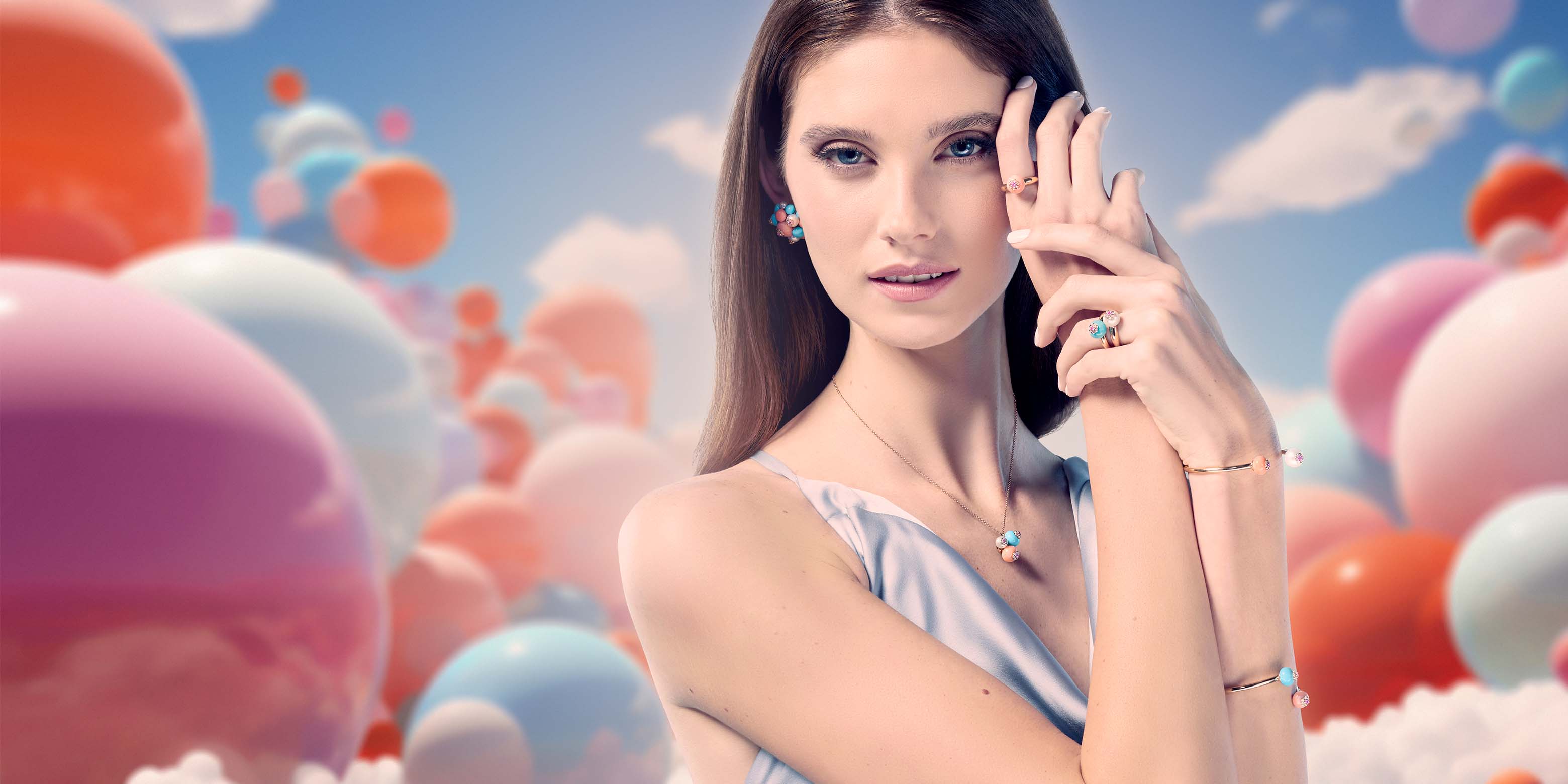 A woman with a fantasy AI generated background. She is modeling David Morris Jewlery