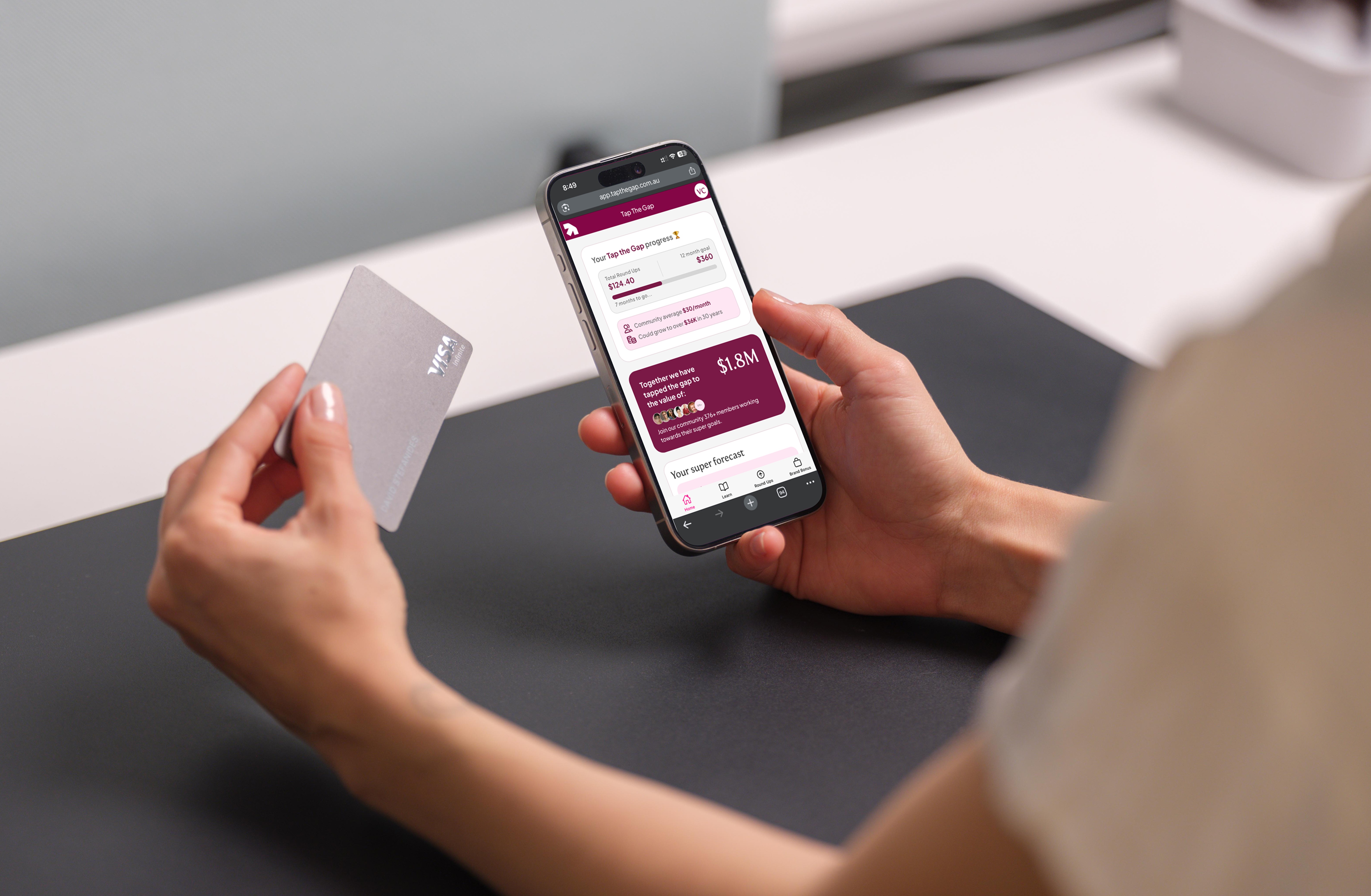 A woman using the Tap the Gap app to save for her retirement while shopping